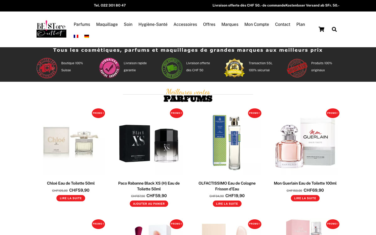 Page d'accueil de bestoreoutlet.ch, boutique en ligne de cosmétiques et parfums à prix discount