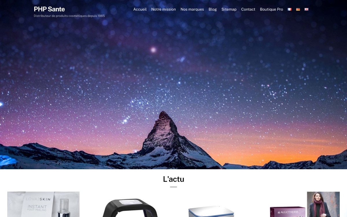 Page d'accueil de phpsante.com : distributeur de produits cosmétiques, menu des marques, boutique pro