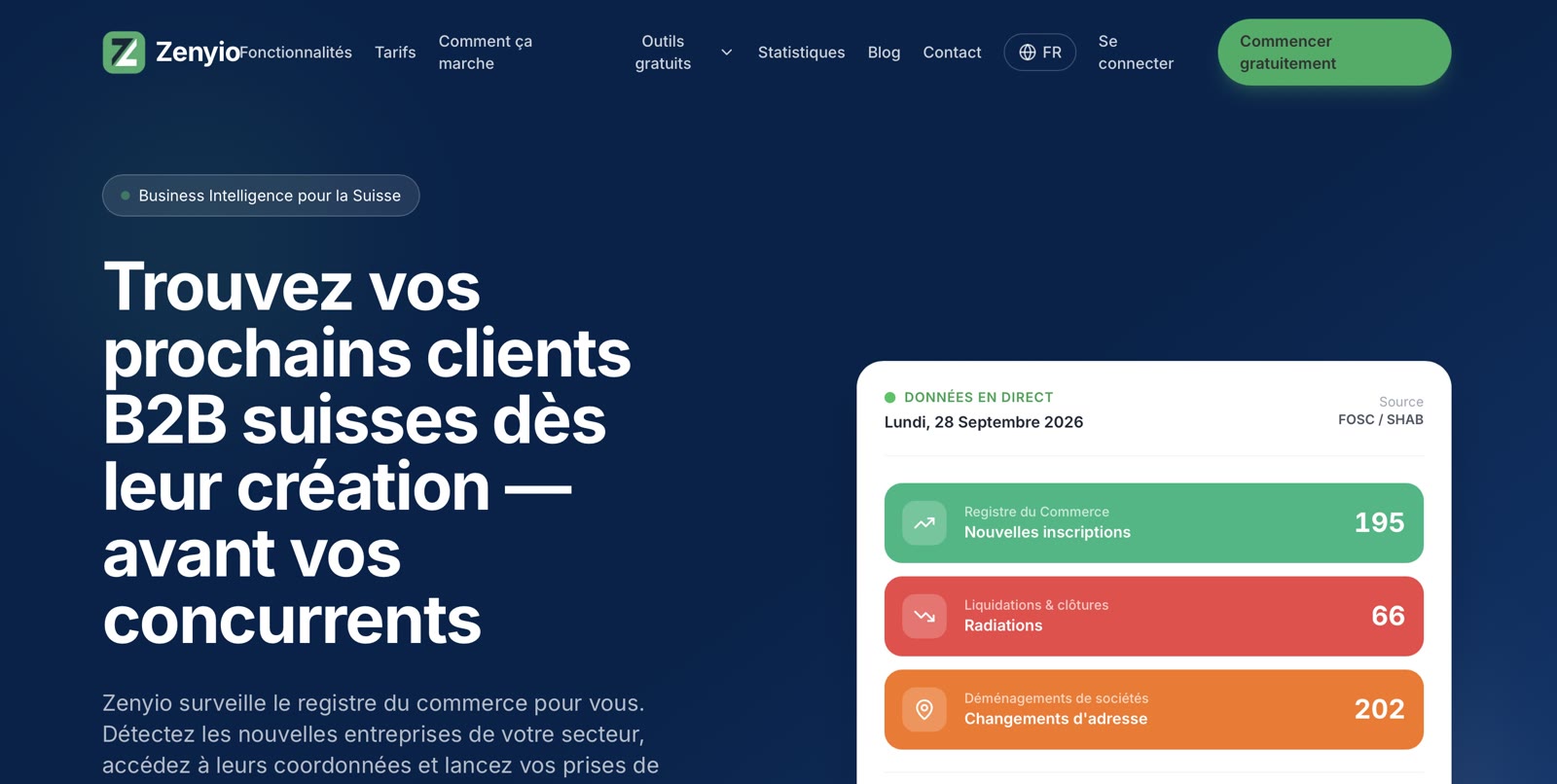 Page d'accueil de Zenyio : trouvez vos prochains clients B2B suisses dès leur création, avec les inscriptions, radiations et changements d'adresse du jour